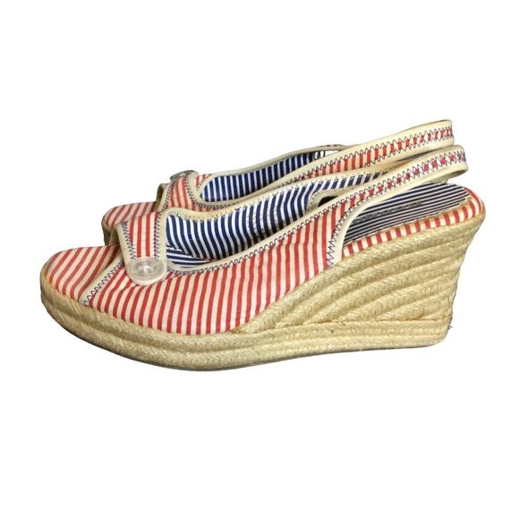 Bongo Women's Shoes Wedges Heel Striped Pearl Button Wrapped Red White Size 10M - Picture 2 of 10